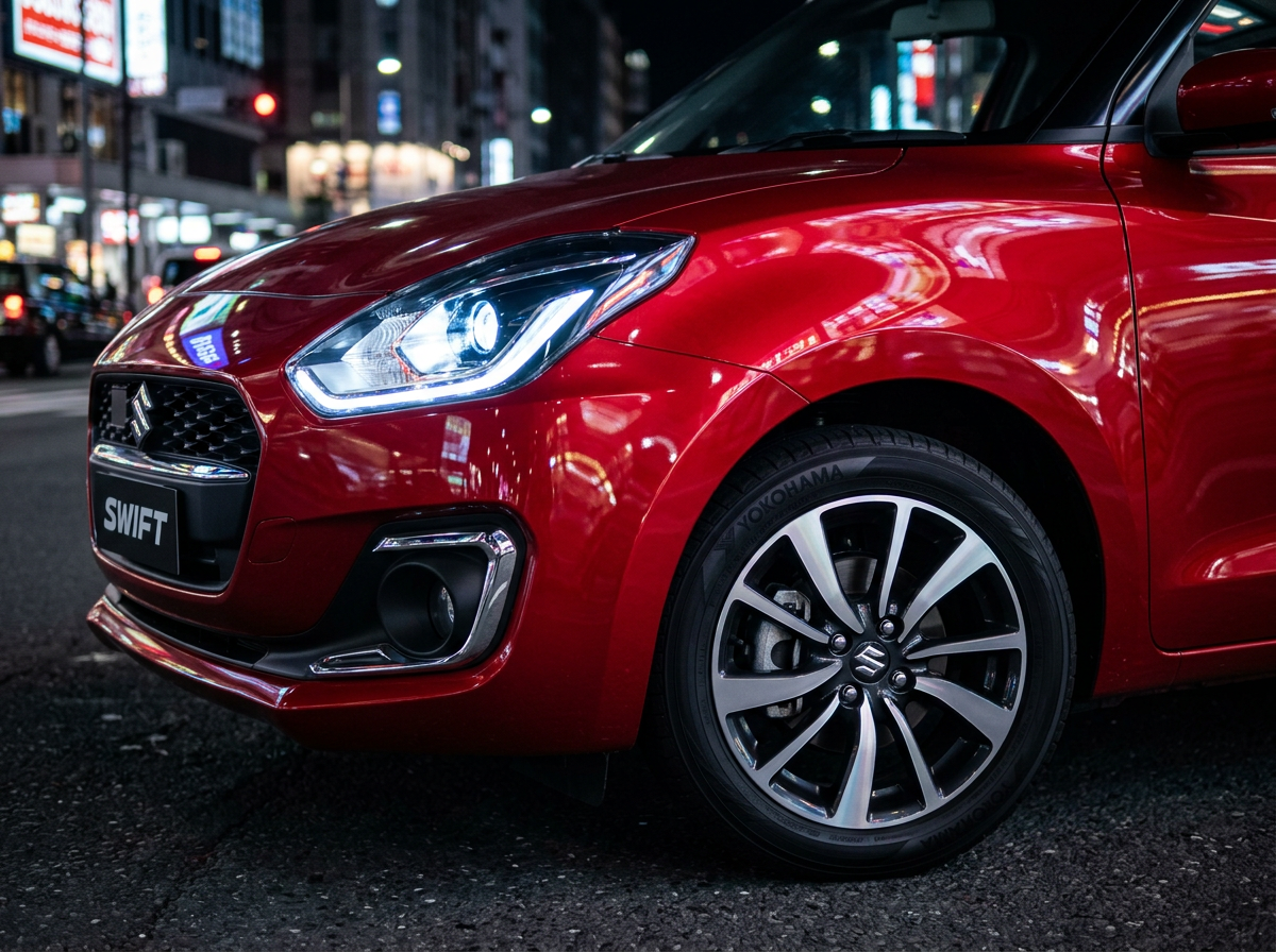 Suzuki Swift exterior detail, headlamps and alloy wheels