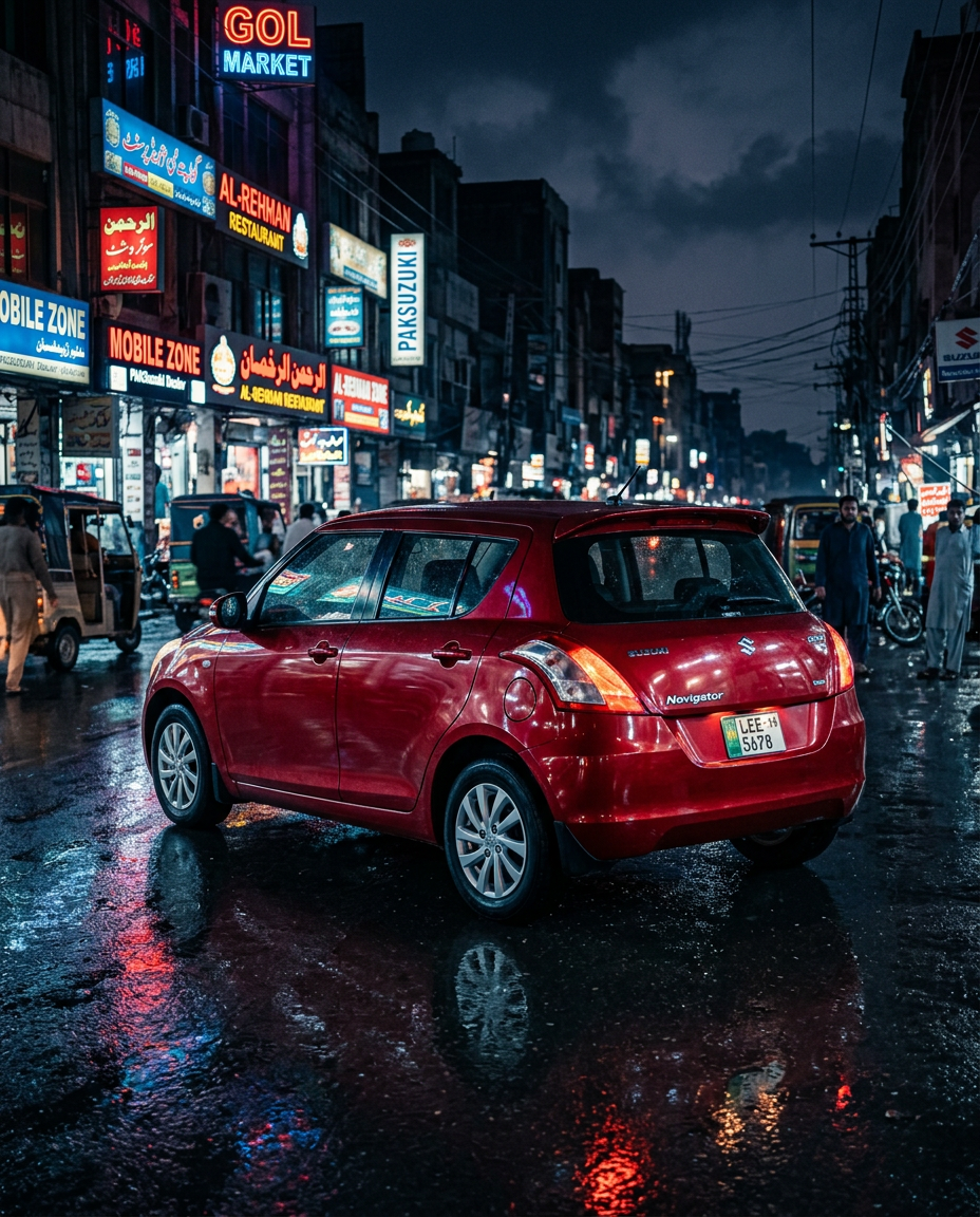 2014 Suzuki Swift DLX Navigator Pakistani edition at night in the city